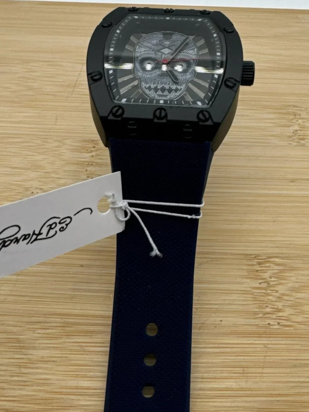 Ed Hardy Men's Crystal Skull Dial Watch Black Tonneau Case Navy Strap